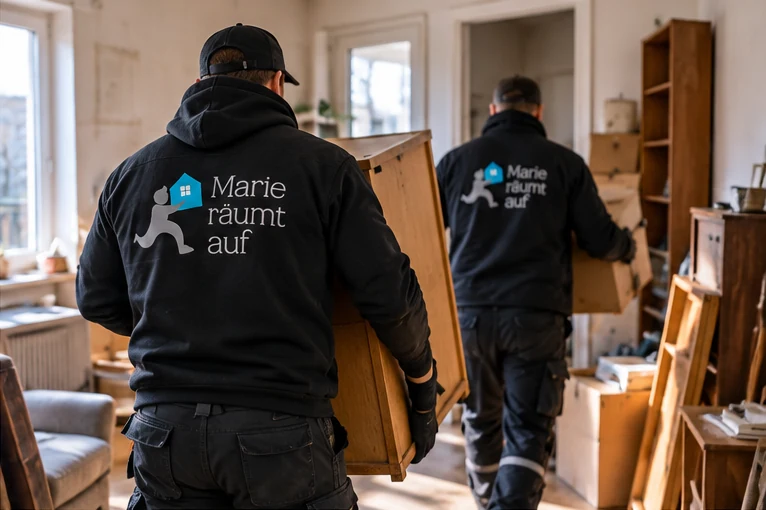 Zwei Mitarbeiter in Pullovern mit Marie-räumt-auf-Logo tragen einen Schrank aus der Wohnung, Rückansicht