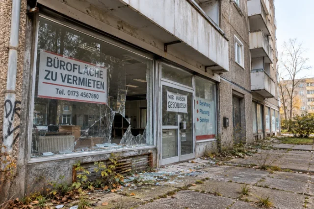 Leerstehende Gewerbefläche mit zerbrochener Schaufensterscheibe und Schild „Bürofläche zu vermieten“