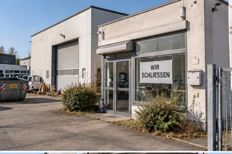 Gewerbeobjekt mit Schild „Wir schließen“ an der Tür