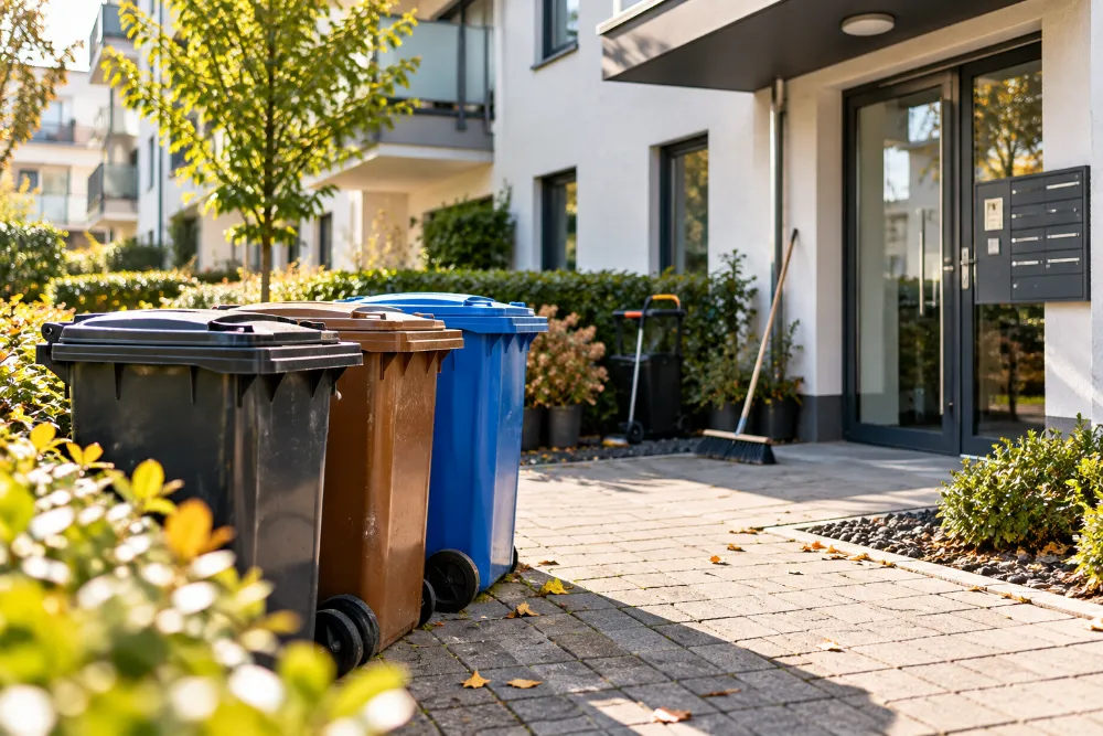 Gepflegter Hauseingang mit Mülltonnen, Besen und Außenanlage