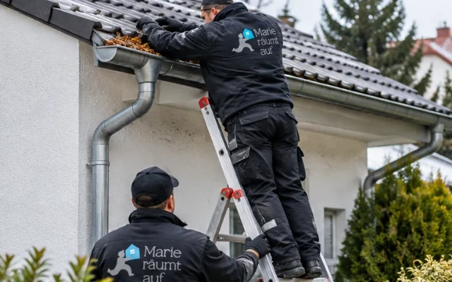 Mitarbeiter in Arbeitskleidung mit Logo reinigt von der Leiter aus die Dachrinne