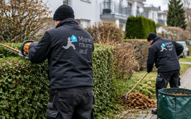 Mitarbeiter in Arbeitskleidung mit Logo bei der Gartenpflege, Rückansicht