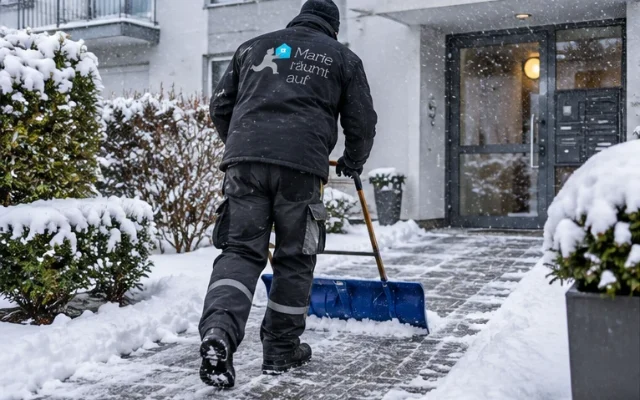 Mitarbeiter in Arbeitskleidung mit Logo räumt Schnee vor einem Hauseingang