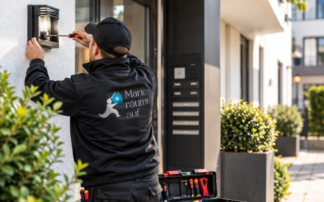 Mitarbeiter in Arbeitskleidung mit Logo repariert eine Außenleuchte am Hauseingang