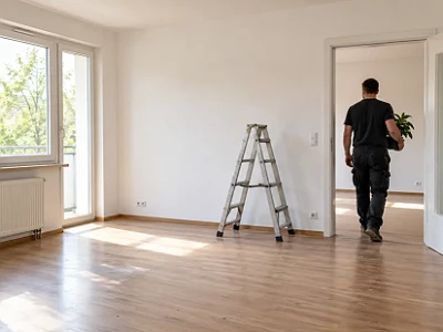 Mitarbeiter in Arbeitskleidung mit Logo betritt von hinten einen Raum, Rückansicht