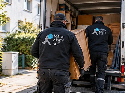 Zwei Mitarbeiter verladen Möbel für den Abtransport