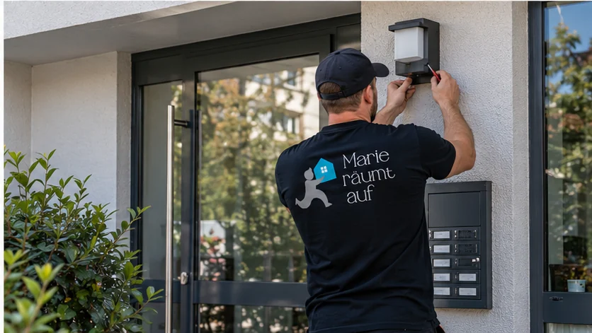 Hausmeister bei einem modernen Gebäudeeingang