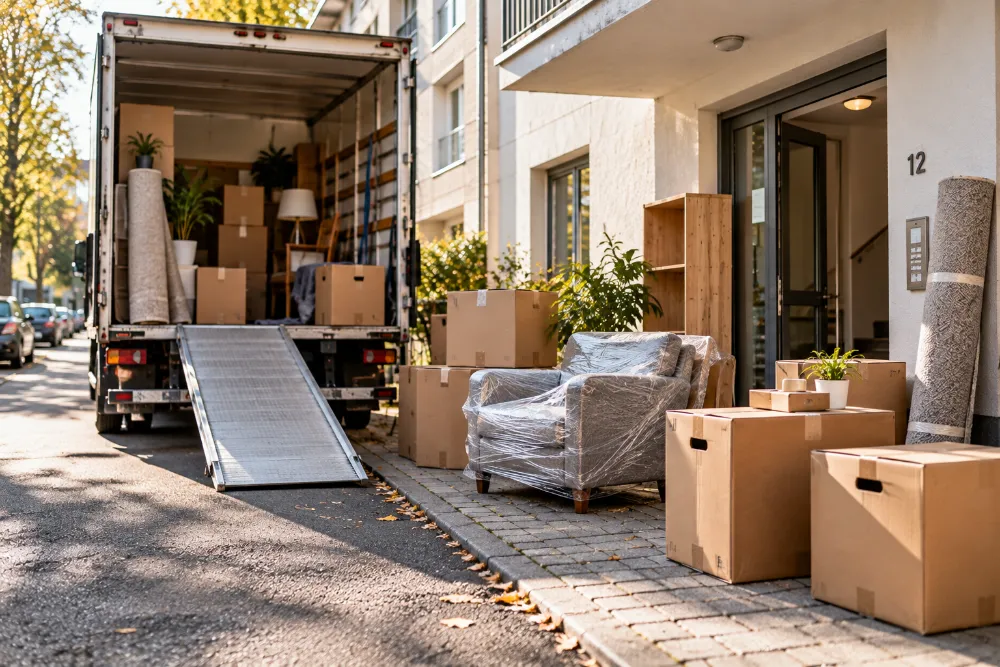 Geöffneter Umzugswagen mit Möbeln und Umzugskartons vor einem Wohnhaus