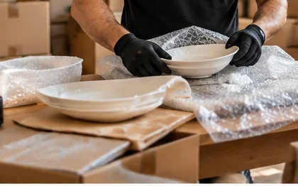 Hände in Handschuhen verpacken Geschirr in Luftpolsterfolie
