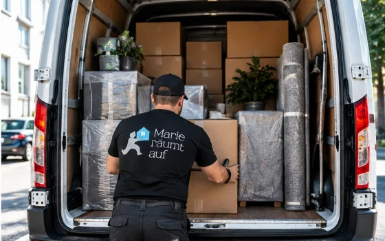 Mitarbeiter in Arbeitskleidung mit Logo lädt von hinten Möbel in den Transporter