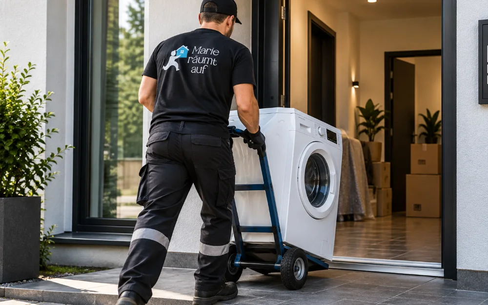 Mitarbeiter in schwarzem Shirt mit Marie-räumt-auf-Logo schiebt von hinten eine Waschmaschine auf der Sackkarre durch einen hellen Hauseingang